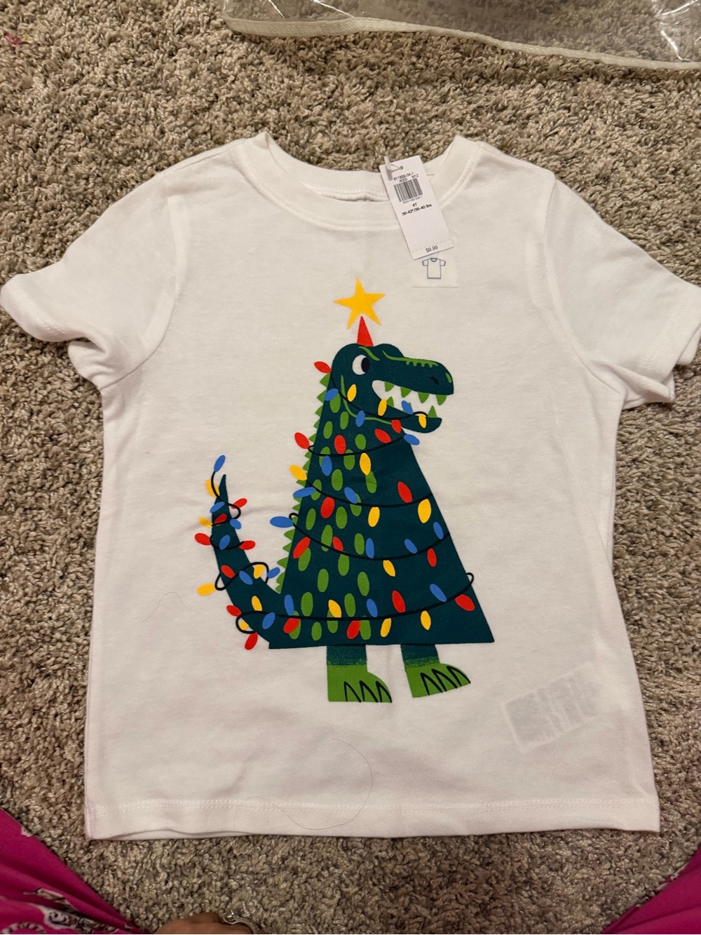 Kids White Short-Sleeve Tee with Festive Green Dinosaur Graphic